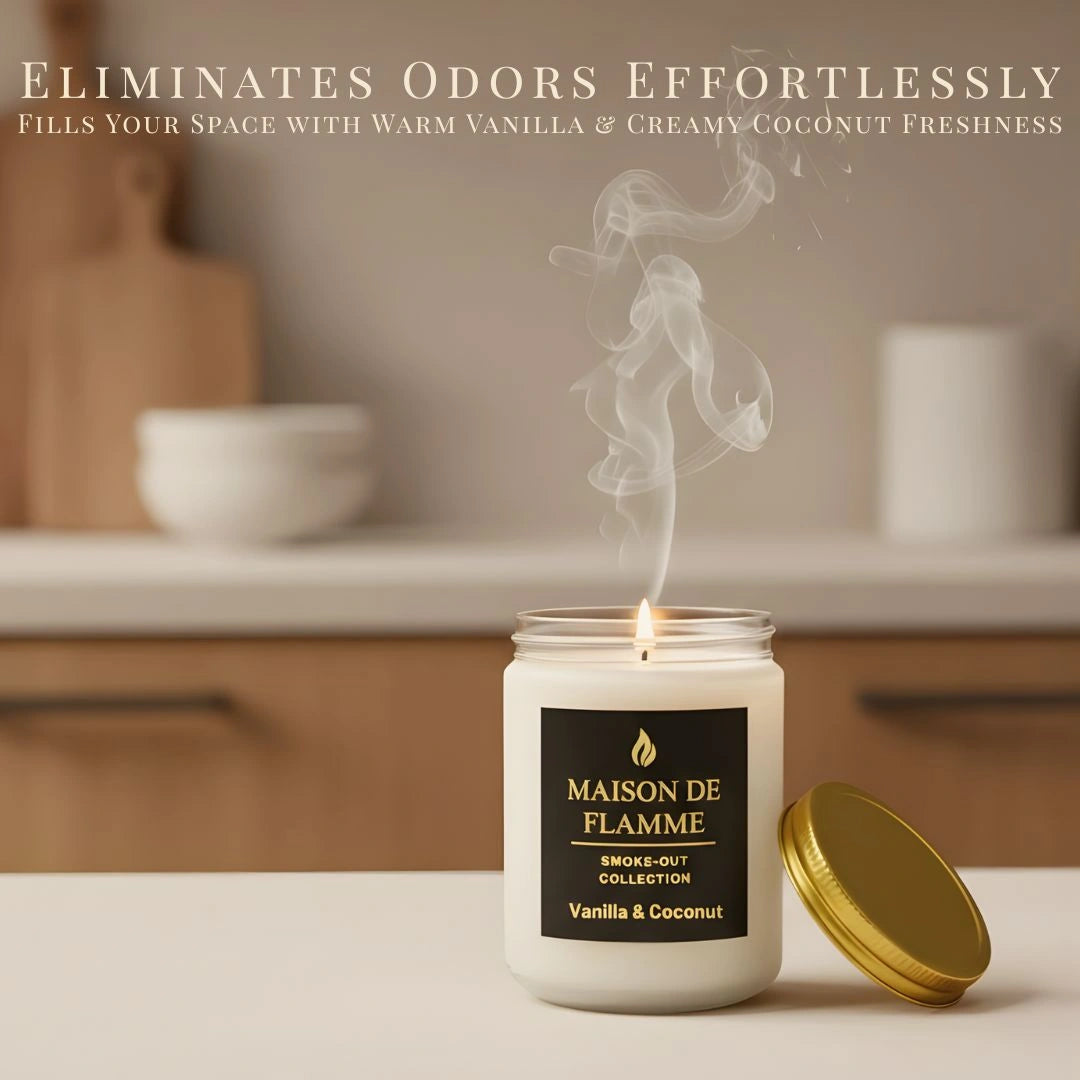 Lifestyle scene of the Maison De Flamme Vanilla & Coconut candle on a kitchen counter, showing odor-eliminating fresh aroma.