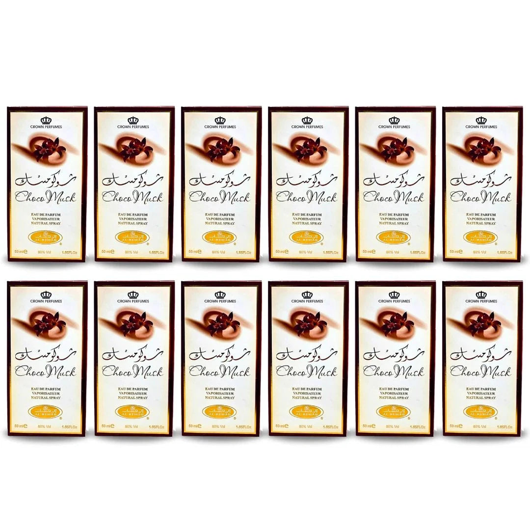 Al Rehab Choco Musk Eau de Parfum Spray 50ml – Pack of 12 | Sweet Chocolate & Vanilla Musk Fragrance | Long-Lasting Unisex Arabian Perfume Bulk Set
